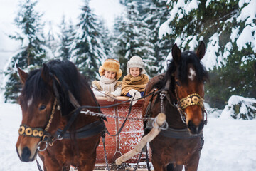 Family outings on horseback and sleigh rides. Two happy children are riding on a horse-drawn...