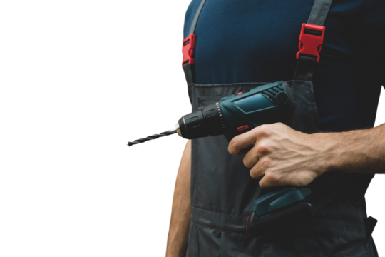 PNG, Builder with drill in hands, isolated on white background