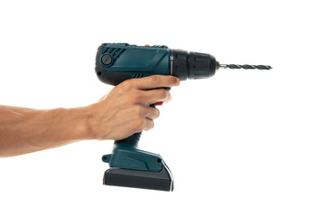PNG, Male hand holds cordless drill, isolated on white background