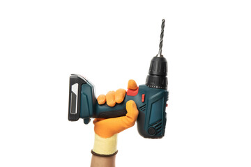 PNG, Male hand holds cordless drill, isolated on white background