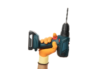PNG, Male hand holds cordless drill, isolated on white background
