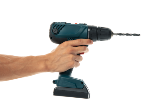 PNG, Male hand holds cordless drill, isolated on white background