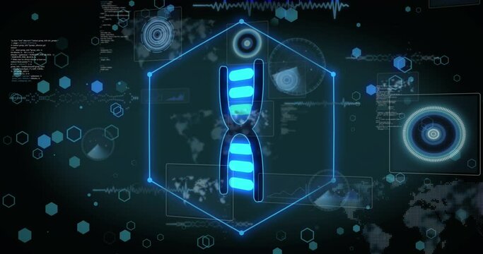 Animation of data processing and dna strand on black background