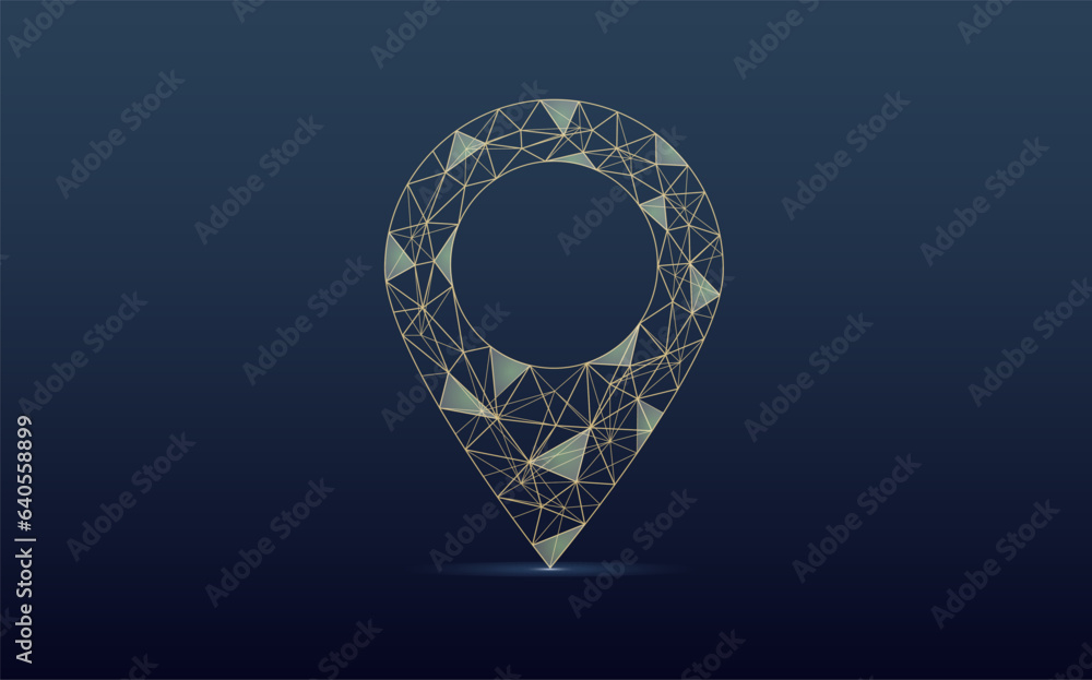 Poster vector illustration of a label for a map, made up of a technological grid and dots.navigator pin che