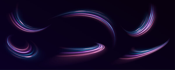 Semicircular wave. Abstract light lines of movement and speed in neon color. Laser beams luminous abstract sparkling isolated on a transparent background. Light trail curve swirl. Light and stripes mo
