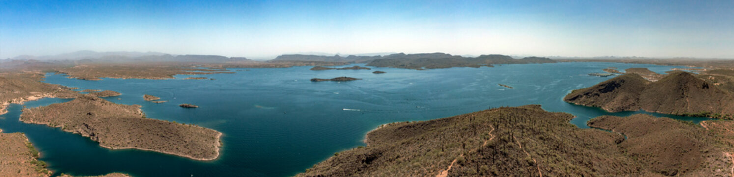 Panorama of desert mountain lake environment