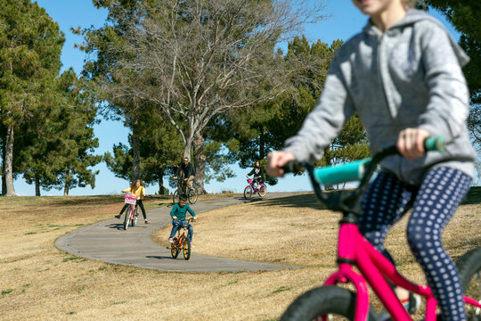 A family riding bicycles on path in park