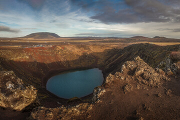Idyllic shot of Kerid Crater lake at sunset, Iceland