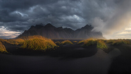 Sunrise over famous Stokksnes mountains