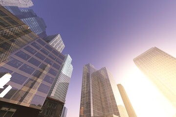 Fototapeta na wymiar Cityscape in the rays of the sun, skyscrapers beautiful view from below against the sky, 3d rendering