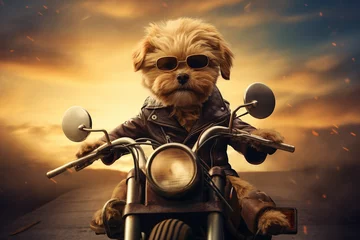 Poster Im Rahmen cute dog riding a motorbike © Salawati