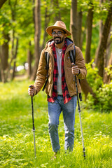 Fototapeta premium Young bearded man with a scandinavian sticks in the forest