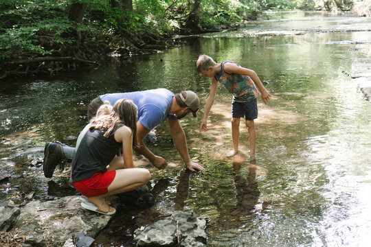 Dad crouching down exploring stream with children on summer day