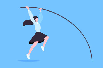Businesswoman jumps pole vault flat style design vector illustration business concept. Business growth and goal achievement concept. - obrazy, fototapety, plakaty