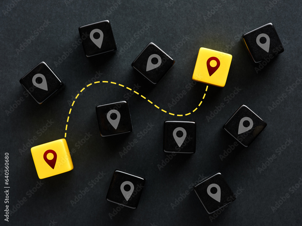 Poster location map pins connected to each other. navigation. traveling between locations. location map pin