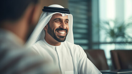 Naklejka premium Emirati businessman in UAE's traditional meeting in the office