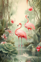 Exotic jungle illustration with flamingo birds