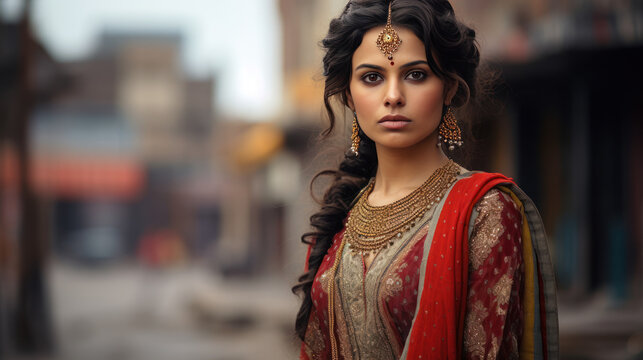 Portrait sad Indian woman in the traditional dress