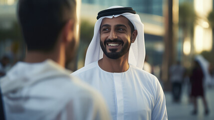 Fototapeta na wymiar Emirati businessman in UAE's traditional meeting in the office
