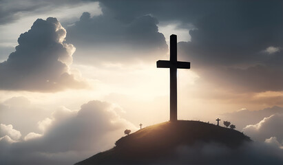 Jesus Christ cross. Easter, resurrection concept. Christian cross on mountain