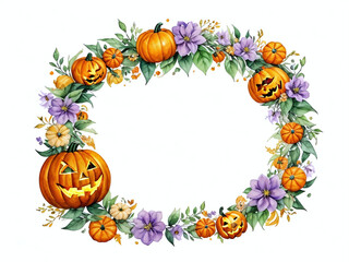 Fototapeta premium Happy Halloween holiday party Frame set with Jack O' Lantern pumpkins, bat, spider, Halloween Town, skull, candy sweets party decorations. Watercolor Cartoon illustration isolated on white background.
