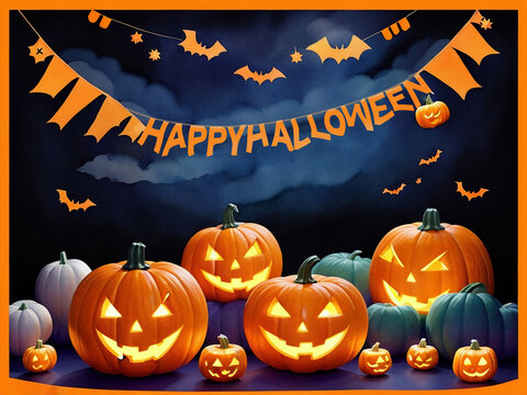 Happy Halloween pumpkin design on moon background, Watercolor illustrations