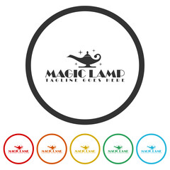 Magic lamp logo template. Set icons in color circle buttons