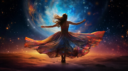 Fototapeta na wymiar Artwork of a Woman Dancing Among the Cosmos