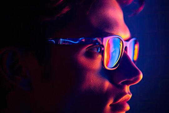 Male face with glasses in neon light, against vibrant liquid backdrop. Photo generative AI