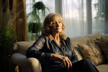Fototapeta premium Anxious elderly woman on sofa at home. Photo generative AI