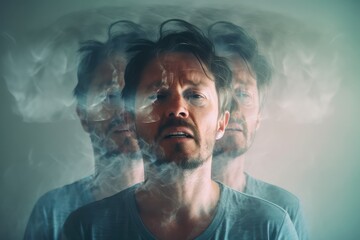 Man's mental health: varied emotions, including anger, sadness, and indifference, shown through multiple exposures. Photo generative AI - Powered by Adobe