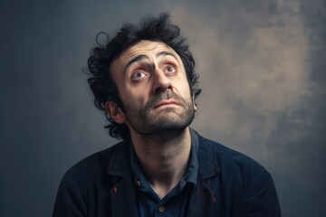 Obraz premium Worried man gazes upward in portrait. Photo generative AI