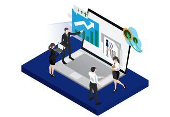 Computers and screens that show and analyze personal and business information.meetings for collaboration and internal communications at work ,Analyzing and reporting company performance for profit