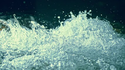 Slow motion ripple waves on dark water river.Crystal clear spring river.Super slow motion detail 4k video.Amazing dramatic night cinematic backgrounds.Epic mystical magic night view.Underwater stones