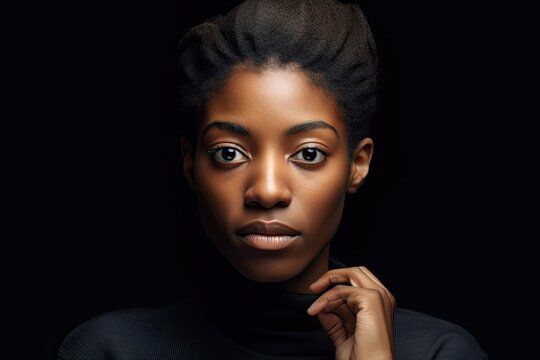 Stylish African woman with short hair in turtle neck, looking at camera on black background. Photo generative AI