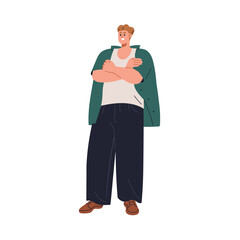 Happy young man with chunky plus-size body. Chubby fat person in loose casual clothes. Smiling plump stout guy standing with arms crossed. Flat vector illustration isolated on white background