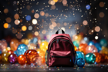Backpack on a wooden table with books and toys. Back to school. - obrazy, fototapety, plakaty