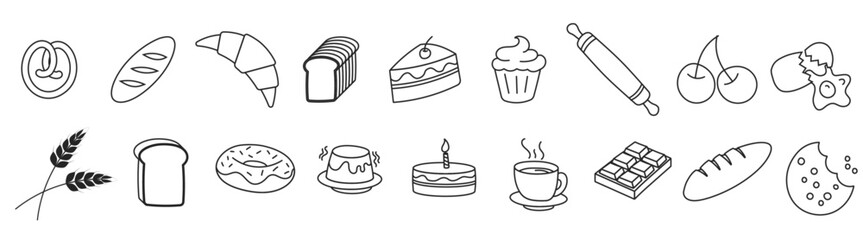 outline doodle bakery icon set bread pastry dough cookies hand drawing icon