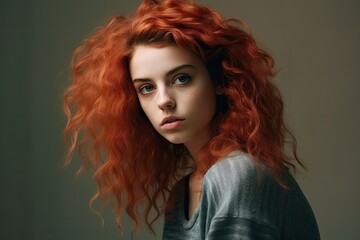 Fototapeta premium Redheaded Gen Z girl in studio portrait. Photo generative AI
