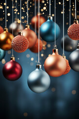 Christmas baubles on a dark blue background.