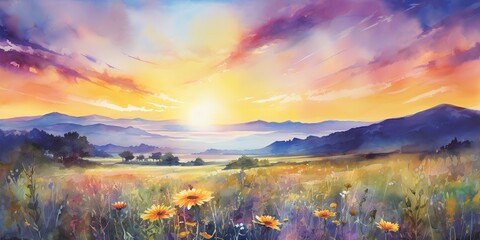 AI Generated. AI Generative. Watercolor ink drawing painting field meadow sun nature outdoor landscape background. Classic traditional art for cozy home decor