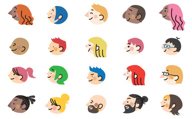 カラフルな髪色のシンプルでかわいい人間の横顔アイコンベクターイラスト セット