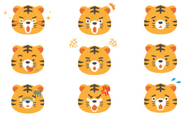 かわいい虎のキャラクターの表情アイコンベクターイラストセット