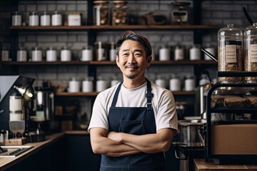 Fototapeta premium Japanese coffee roastery owner exudes confidence while producing top-quality beans. Photo generative AI