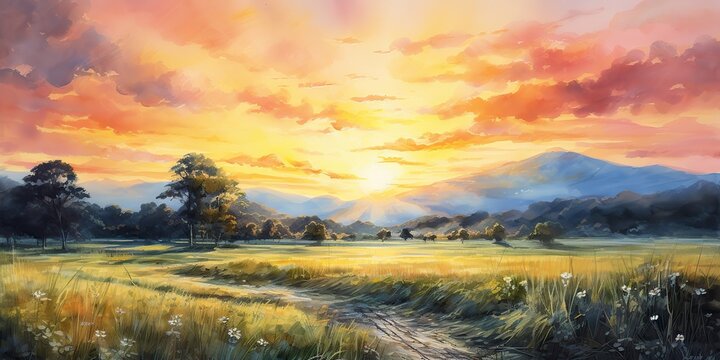 AI Generated. AI Generative. Watercolor ink drawing painting field meadow sun nature outdoor landscape background. Classic traditional art for cozy home decor