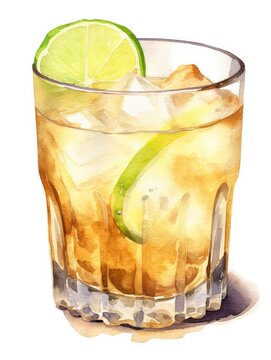 Glass of ginger ale watercolor illustration - Generative AI.