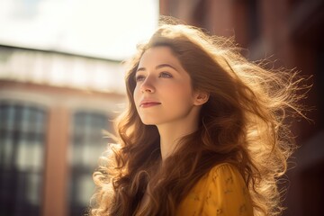 Obraz premium Dreamy girl basking in sunlight, wearing yellow shirt, with copy space on right side. Photo generative AI