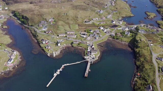 Aerial drone shot of the Isle of Scalpay, an island near the Isles of Harris and Lewis on the Outer Hebrides of Scotland. The Minch sea is visible in the background.