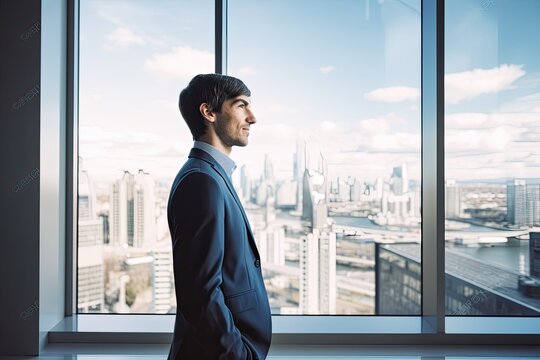 Mid adult businessman gazing through office window. Photo generative AI