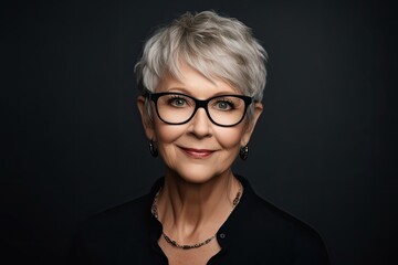 Confident senior woman with glasses, dark background, staring at camera. Photo generative AI